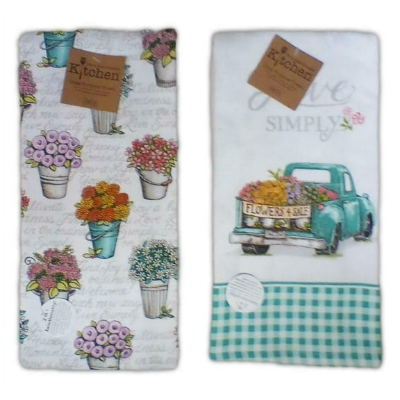 Set of 2 LIVE SIMPLY Truck & Floral Terry Kitchen Towels by Kay Dee Designs