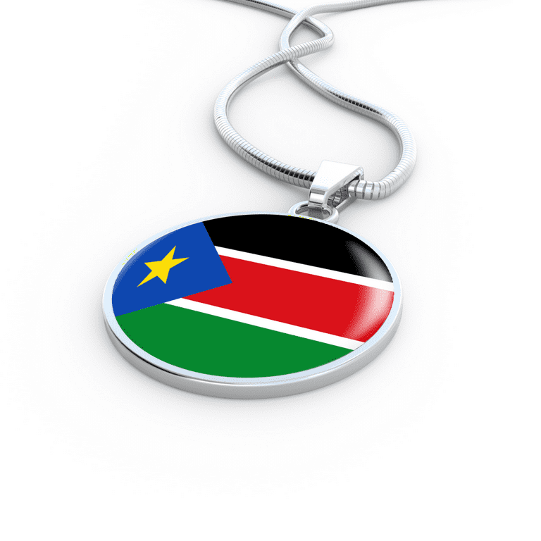 South Sudan Flag Necklace Circle Pendant Stainless Steel or 18k Gold 18-22