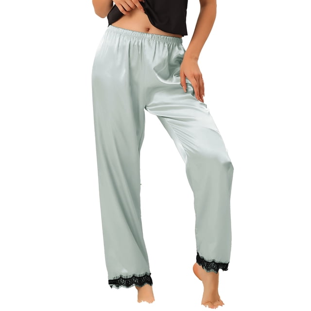 Pantalones de dormir de satén de mujer INSPIRE CHIC, de pierna ancha, con encaje, ropa de casa, pantalones de pijama elásticos de pierna larga M Azul