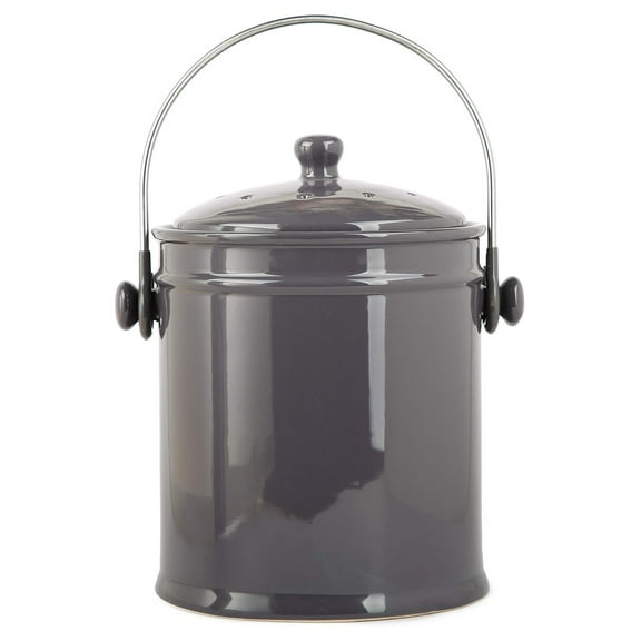 Ceramic Compost Bin, 1 Gallon Charcoal Kitchen Countertop Compost Keeper; Odor Control Food Scrap Collector for Fruits, Veggies, Coffee Grounds & More