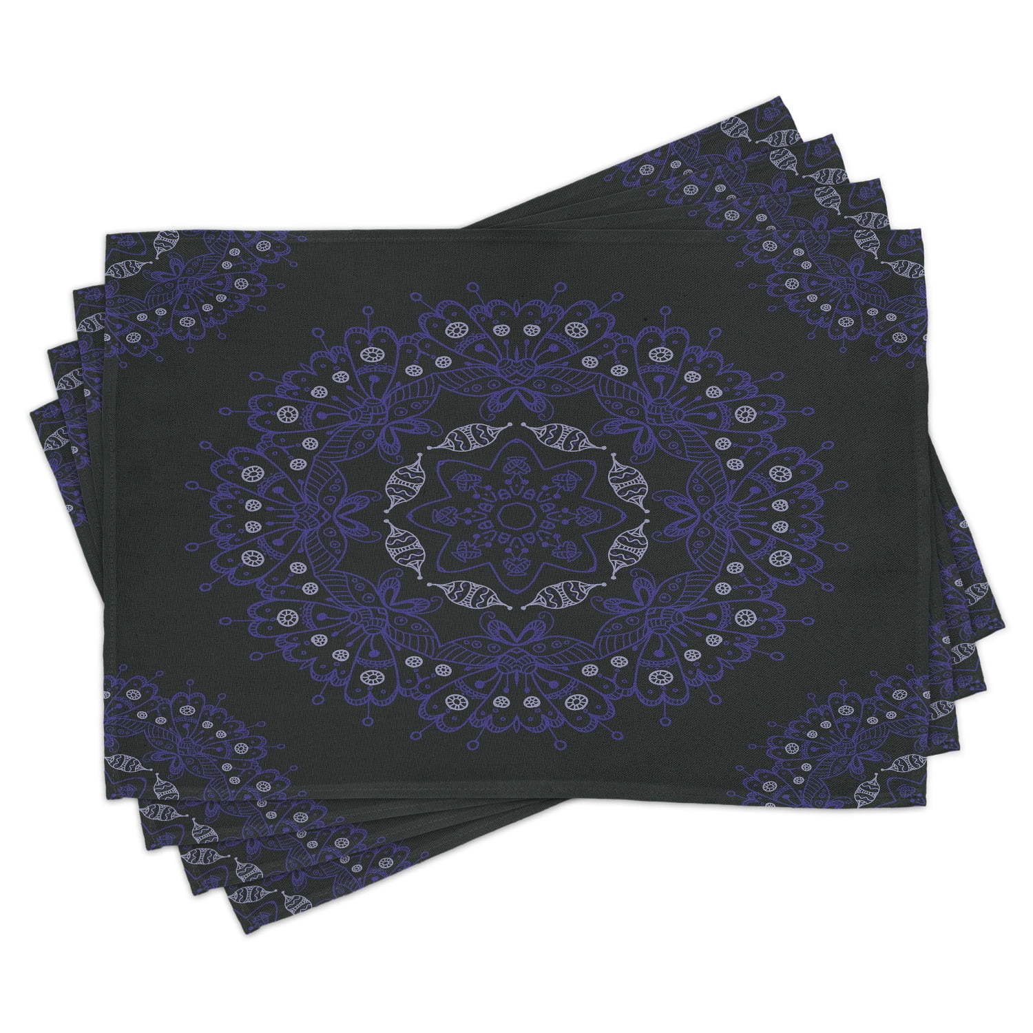 Dark Blue Placemats Set of 4 Oriental Round Ornate Mandala Lace Style