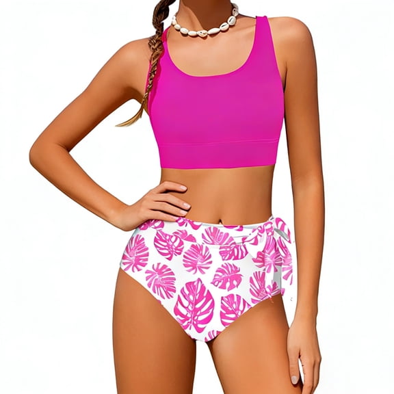 Ulitacool 17-18 Years Teen Swimsuit For Girls 2 Piece Tankini Swimsuits Tropical Print Bathing Two Piece Swimwear With Tie Side Knot Classic Playsuit Hot Pink