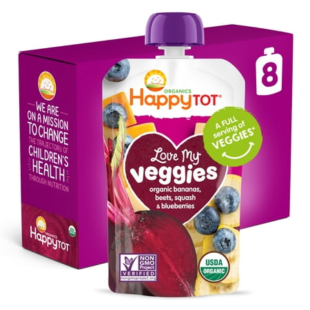Happy Tot Organics Love My Veggies, Stage 4 Organic Bananas Beets Squash & Blueberries, Organic Toddler Food, 4.22 oz Pouch (8 Pack)