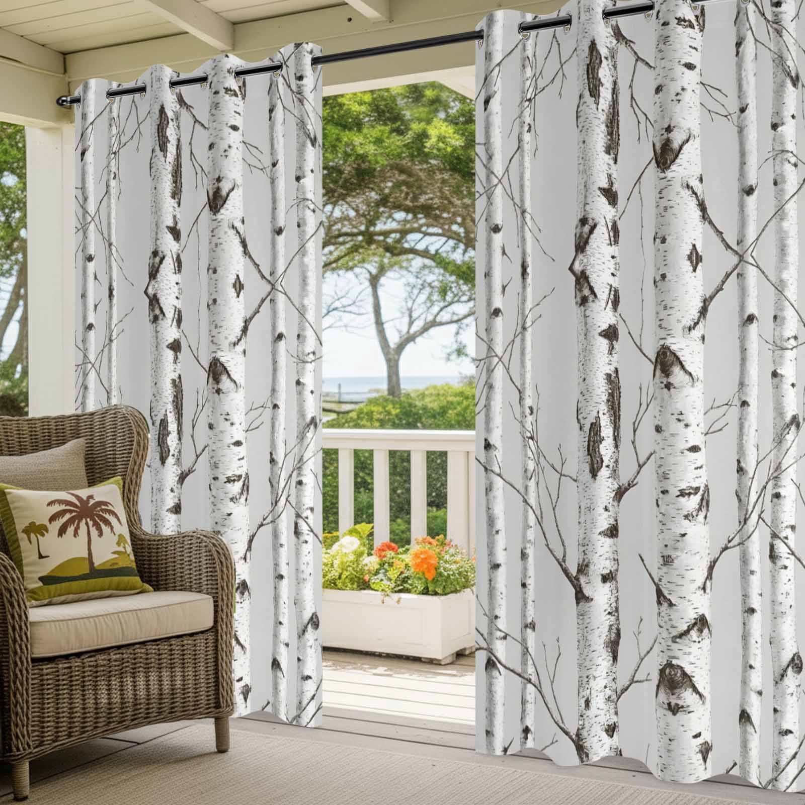 Nature Birch Trees Outdoor Curtains for Patio, Modern Gray Modern Tree Bark Texture Forest Sunshade Privacy Drapes Grommet Waterproof Outside Curtains for Porch/Cabana/Balcony 54"x 108", 1 Panel