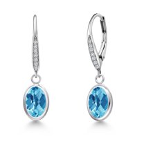 Gem Stone King 925 Sterling Silver Swiss Blue Topaz and Lab Grown Diamond Earrings for Women | 2.70 Cttw | Gemstone November Birthstone | Oval Checkerboard 8X6MM