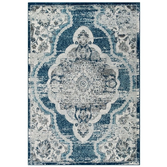Modway Entourage Malia Distressed Vintage Floral Vintage Medallion 5x8 Area Rug in Ivory and Blue