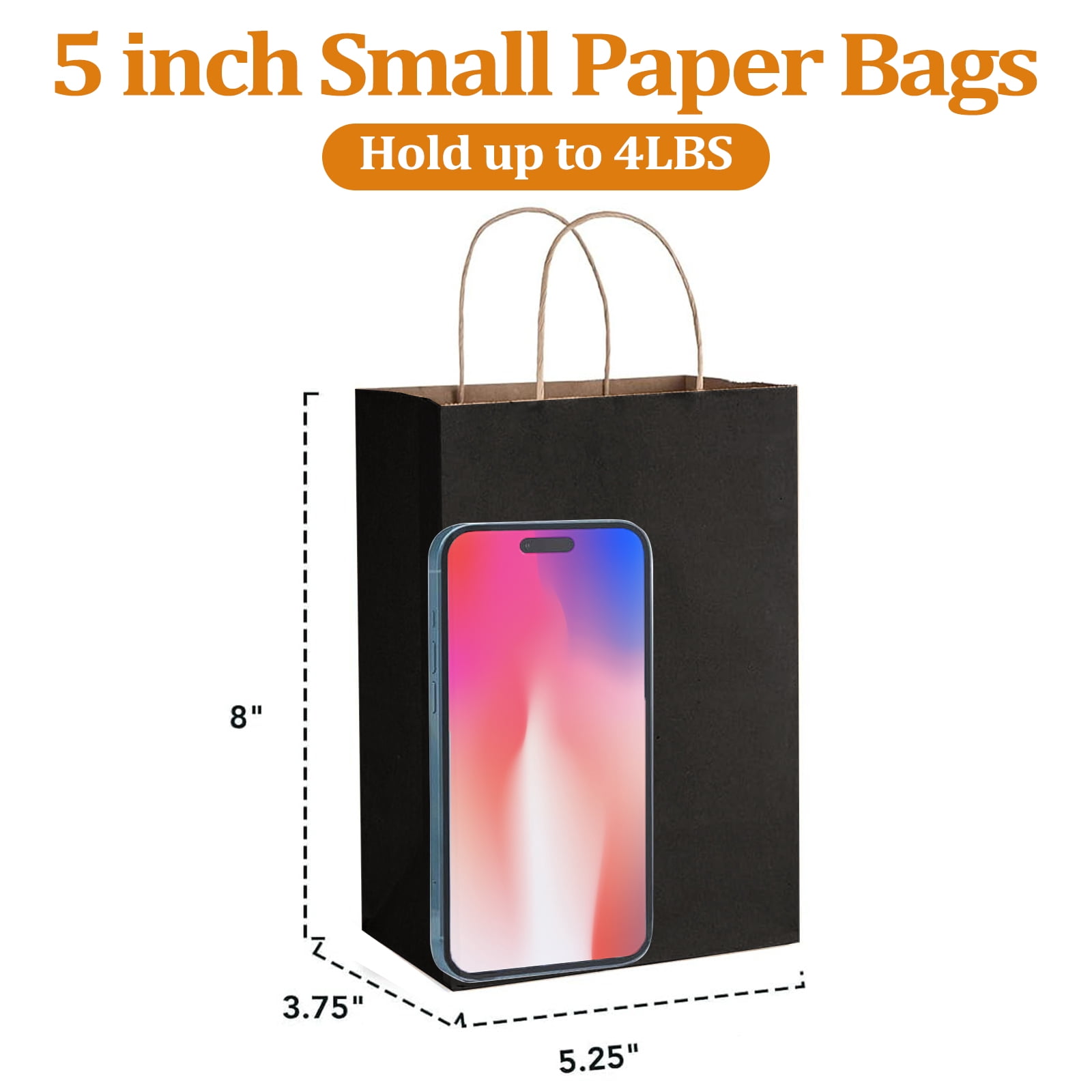 BagDream 50Pcs Black Paper Gift Bags, 5.25x3x8inch Small Paper Bags with Handles Bulk for Shopping, Wedding, Father's Day, Merchandise, and Business Party