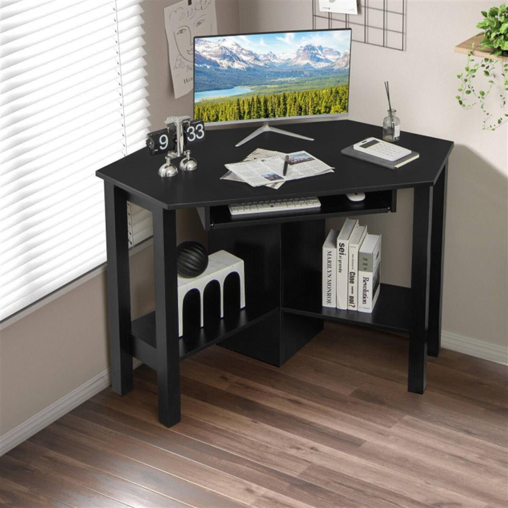Demi Bonn Wooden Computer Corner Desk with Drawer for Home Office Sturdy Writing Workstation, Black
