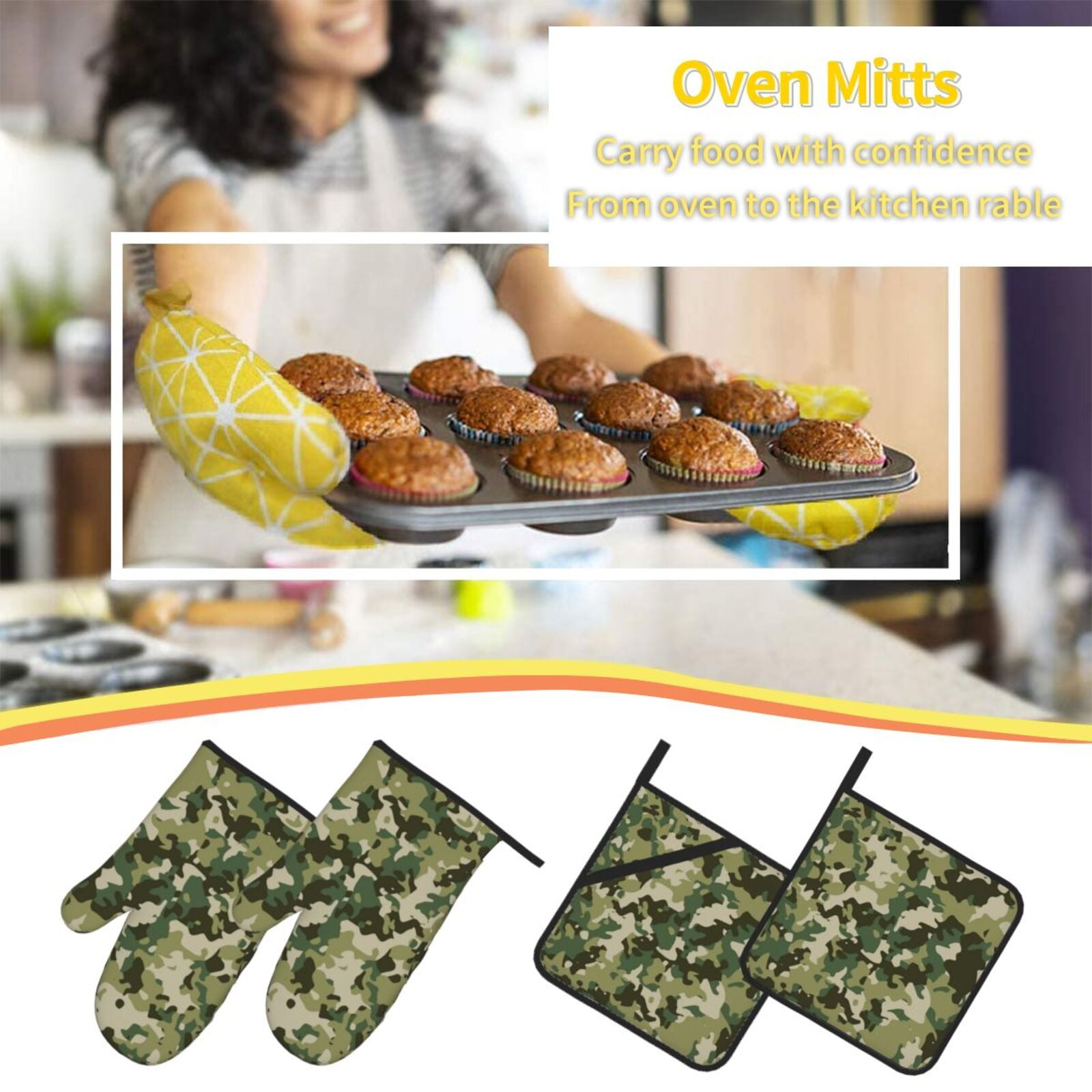 Military Camouflage Green Camo 4Pcs Oven Mitts and Pot Holders Sets Oven Kitchen Gloves Hot Pads for Cooking BBQ Baking Grilling