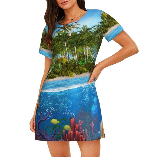Balery Island And Coral Reef Camisón de manga corta con cuello redondo para mujer, cómodo y elegante.
