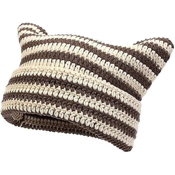 Gorro de orejas de gato de ganchillo, accesorios Y2K para mujer, gorro de invierno de punto a rayas, holgado, grunge, con zorro, gótico, con calavera, arroz