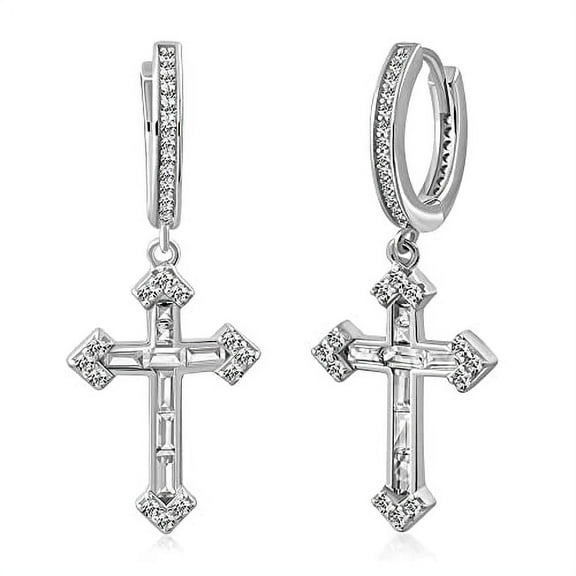 My Daily Styles Womens 925 Sterling Silver Hoop Huggie Earrings with Dangling Cross Sparkling Cubic Zirconia (Silver)