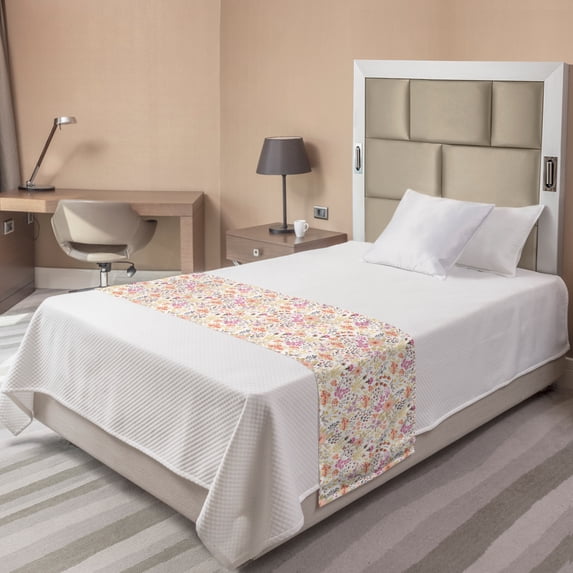 Floral Bed Runner, Feminine Flowers Composition Spring Flourishes Design, Decorative Accent Bedding Scarf for Hotels Homes and Guestrooms, Twin, Pale Eggshell Multicolor, by Ambesonne