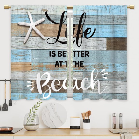 Nautical Coastal Blue Aqua Bathroom Curtains Treatment Drapes Tier Summer Seashell Wooden Cafe Small Bedroom Short French Door Curtains Rod Pocket 2 Panels 27.5x39 Inch