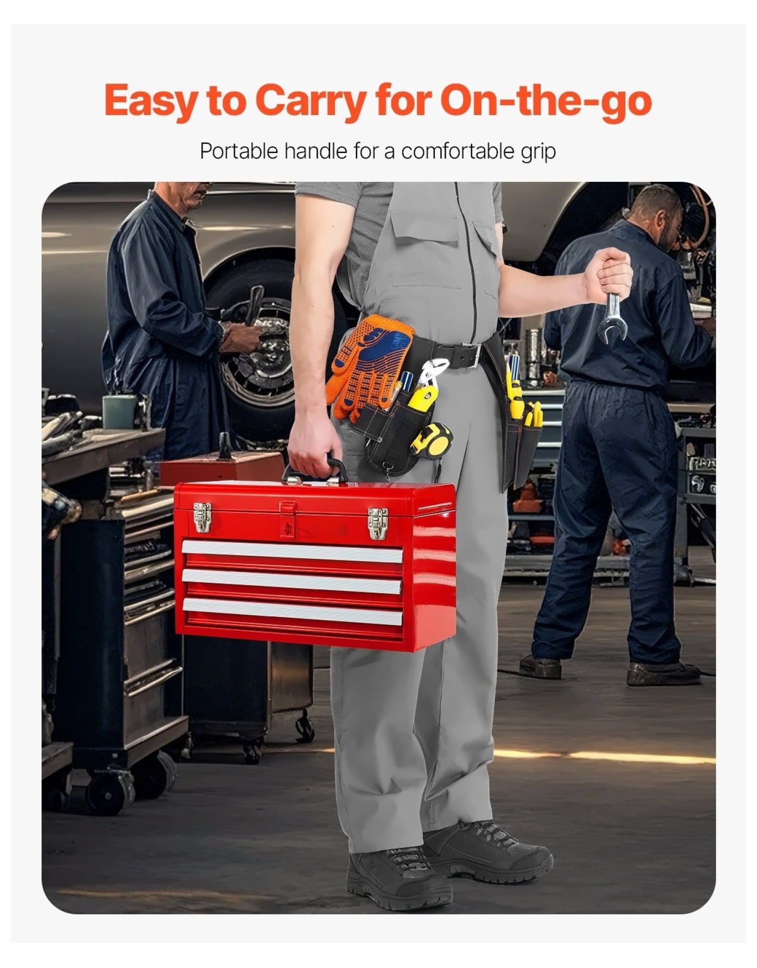 Metal Tool Box 20.5 inch Portable Tool Organizer with 3 Drawers, Red Steel Toolbox with Auto-Locking, Heavy Duty Tool Storage for Mechanic, Home, Automotive