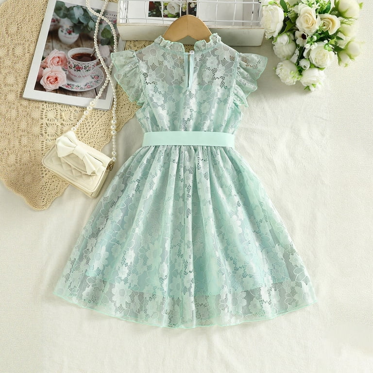 Girls Mint Green Lace Dress with Bow Belt A-Line Ruffled Cap Sleeve High Neck Flower Girl Easter Party Dress for Kids 3-9 Years,Size 3 T