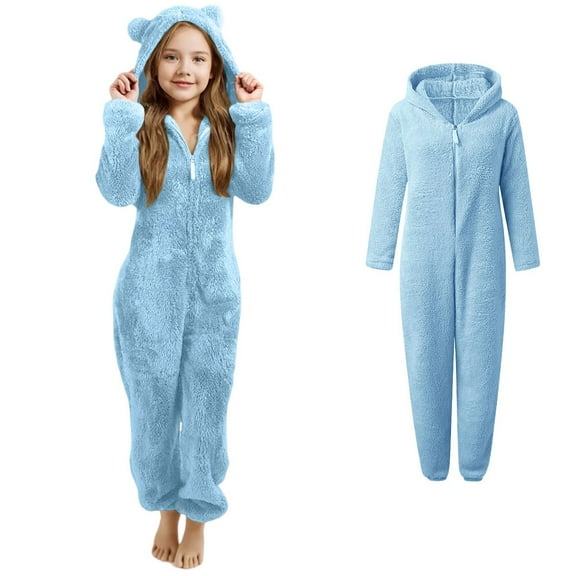 Teens Pajamas Girls Cute Bear Ear Hooded Blue Onesies Warm Zipper Kids Onesie Sleepsuits Christmas Pajamas Kids 11-12 Years