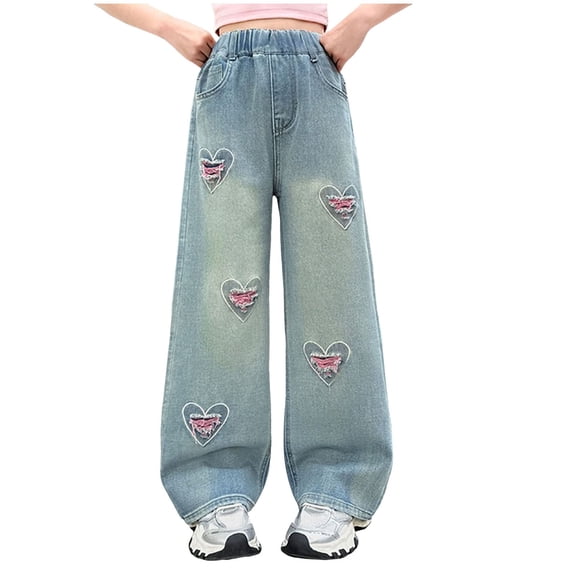 Duqingm Girls Jeans Denim Elastic Wasit Wide Leg Baggy Pants Kids Clothes 5-15 Years (Blue,13-14 Years)