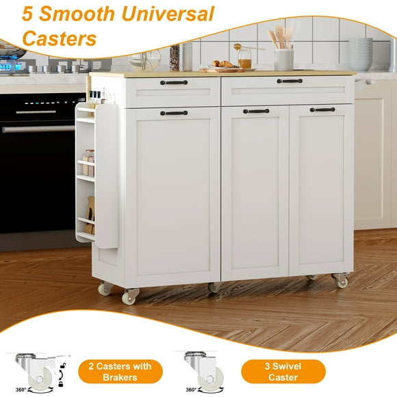 Rolling Kitchen Island Cart with Power Outlet,Kitchen Island with 2 Drawers & Drop Leaf & Trash Can Storage