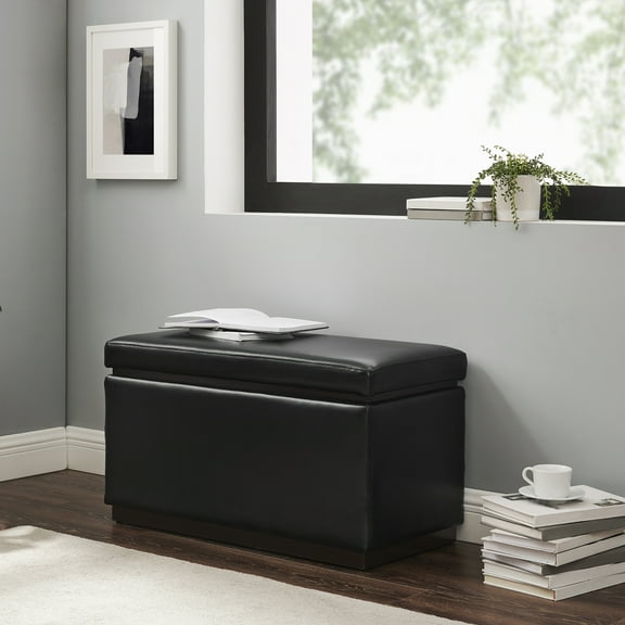 Linon Elta Rectangle Storage Ottoman, Black Faux Leather