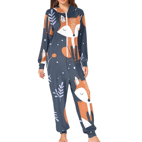 Hand Painted Sleeping Foxes Leaves Adult's Hoodie Onesie Jumpsuit One-Piece Pajamas with Zipper Unisex for Holiday S