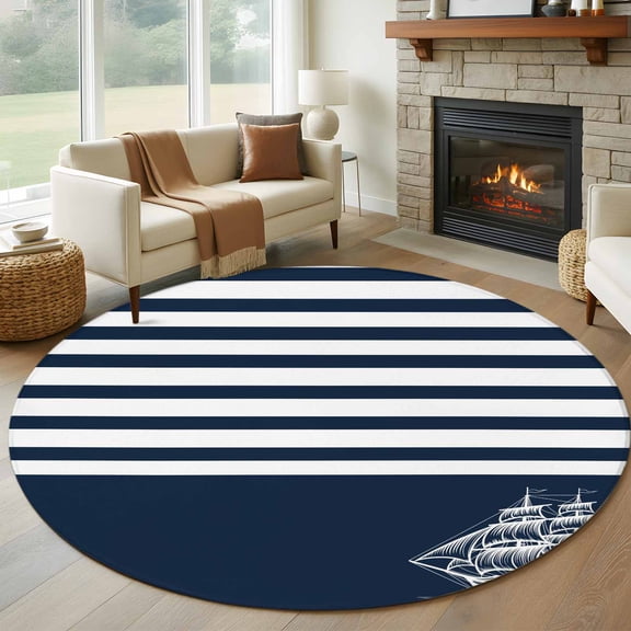 Round Rugs 7 Ft, Navy Blue Non Slip Area Rugs for Kitchen Bedroom Entryway, Nautical Washable Carpet Runner Rug Floor Mats for Bedroom Home Decor Coastal Sea Abstract Art