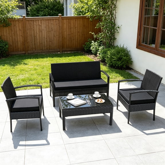 Costway 4 PCS Patio Rattan Furniture Set Cushioned Sofa Armrest Garden Black