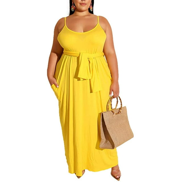 Womens Spaghetti Strap Maxi Dress Plus Size Sleeveless with Pockets and Belt - Yellow