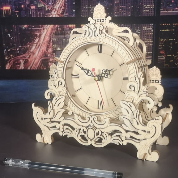 3D Wooden Puzzle Vintage Clock Model – DIY Ornate Scrollwork Design, Silent Quartz Movement, Quick-Assembly Craft Kit