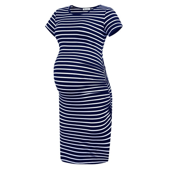 Vestido de maternidad Smallshow de manga corta a rayas azul marino fruncidas