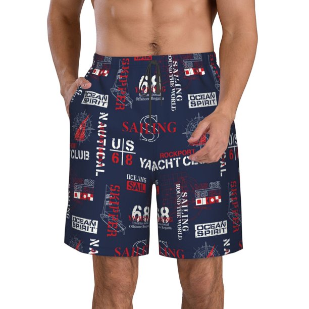 Balery Nautical Style Sailboat Traje de Baño Estilo Hawaiano para Hombre, Shorts de Secado Rápido con Bolsillos-Small