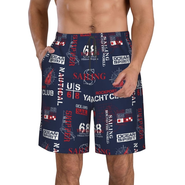 Honeii Nautical Style Sailboat Print Men's Casual Shorts with Drawstring,Swim Trunks Quick Dry Beach Shorts-Large