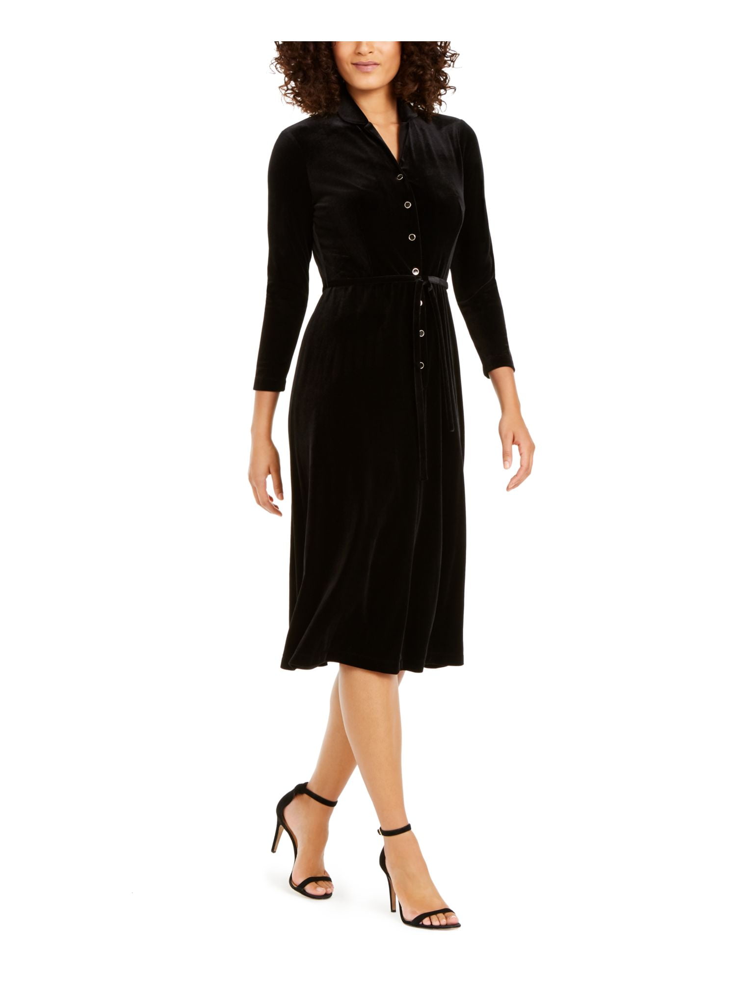Anne Klein Womens Black 3 4 Sleeve Collared Midi Shirt Dress Size 4