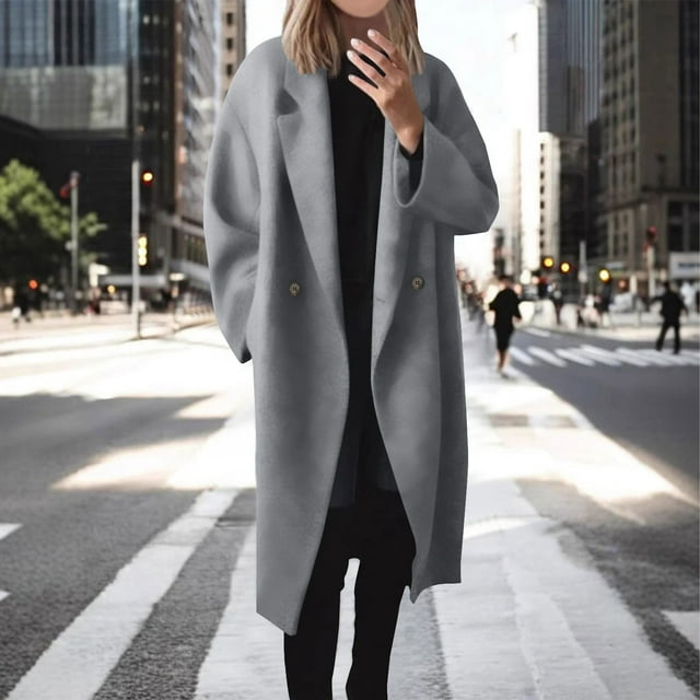 Amzcrzy Vestes pour Femmes Manteau en Laine à la Mode Uni à Revers Boutonné Long Coupe-Vent avec Poches Hauts à Manches Longues pour Femmes Veste pour Femmes Vêtements pour Femmes Hauts pour Femmes