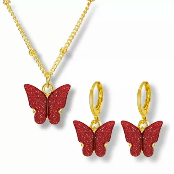 EOEMY Butterfly Acrylic Sequins Clavicle Pendant Necklace Earrings Women'S Jewelry Set-Red Sequins