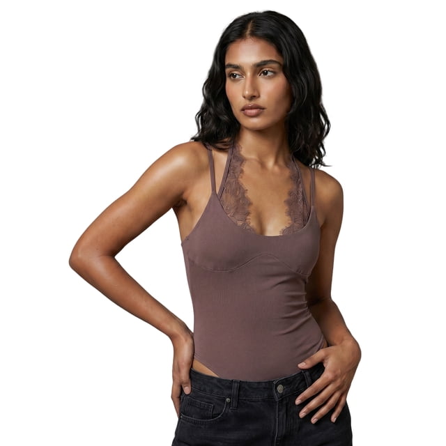 Gupgi Women Lace Halter Bodysuits Spaghetti Strap Backless Cami Top Summer Fitted Romper