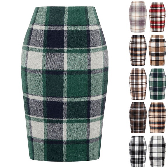 WULMLEO Plaid Skirts for Women Knee Length High Waisted Long Plaid Skirt Tartan Pencil Skirt Fall Holiday Tweed Midi Skirts Light Green S