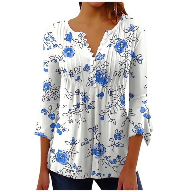 Camisetas de Cuello en V Mujeres, Impreso 3/4 Manga Blusa Casual Hecha de Cómodo Estante de Imitación para Toda la Temporada de Uso Diario, Camisetas Casuales de Mujer