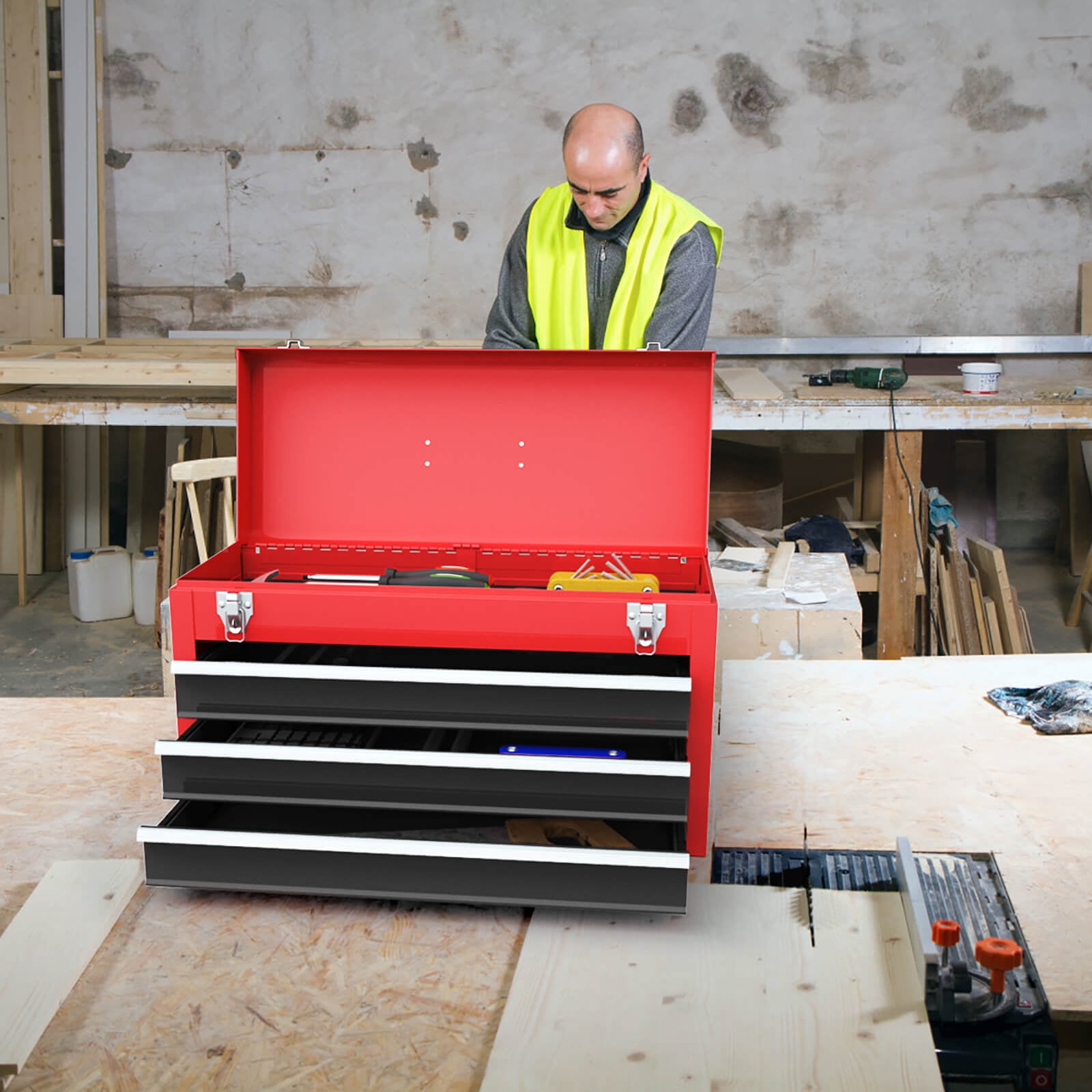 Costway Portable Tool Chest Box Storage Cabinet Garage Mechanic Organizer 3 Drawers Red+Black