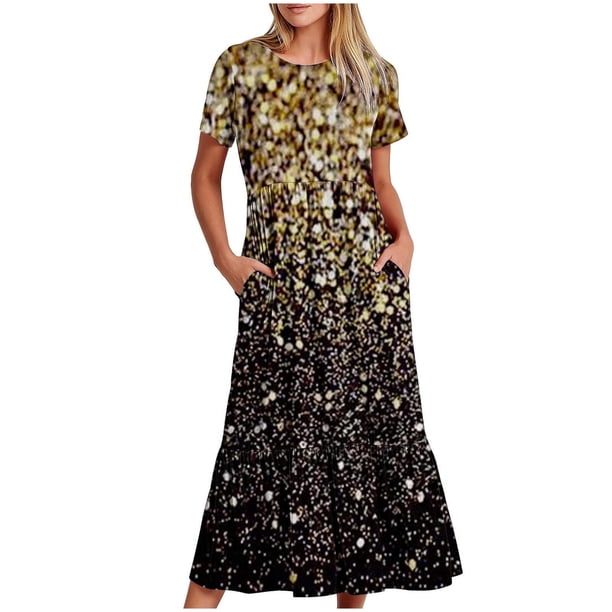 Puntoco Vestido Estampado Brillante Con Cuello Redondo Y Manga Corta A Media Pantorrilla Para Mujer Vestido Con Cuello Redondo Y Manga Corta Amarillo S,Regalos Para Mujer Joven