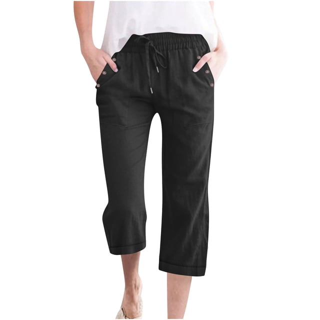 Womens Tops Spring Fall Clothes Loose Tops Solid Color Drawstring Linen Casual Button Decoration Pocket Wide Leg Straight Roll-up Trousers Hem Cropped Trousers Plus Size Tops For Women Summer