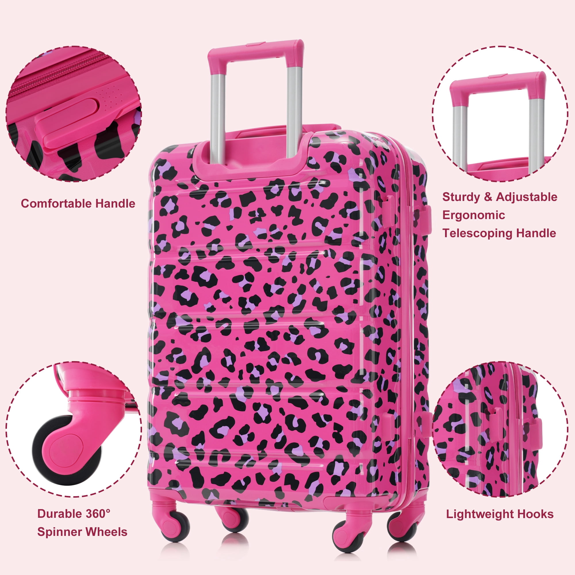3 Piece Luggage Set, Fuchsia Leopard Print ABS+PC Hard Shell Suitcase, 20 Inch Airline Approved Carry-on with USB Port, Spinner Wheels & Side Hooks