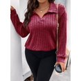 thumbnail image 4 of Women'S Large Size Casual Knitted Sweater Lapel V-Neck Solid Color Top Long Sleeve Shirt Wine Red XXXL, 4 of 8
