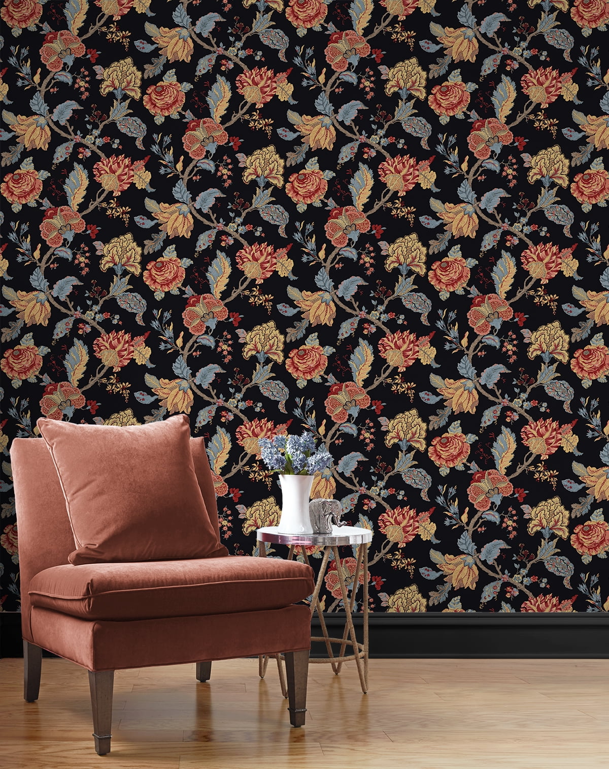 Seabrook Designs  Lana Jacobean Prepasted Wallpaper 20.5 in W x 33 ft. L - Ebony