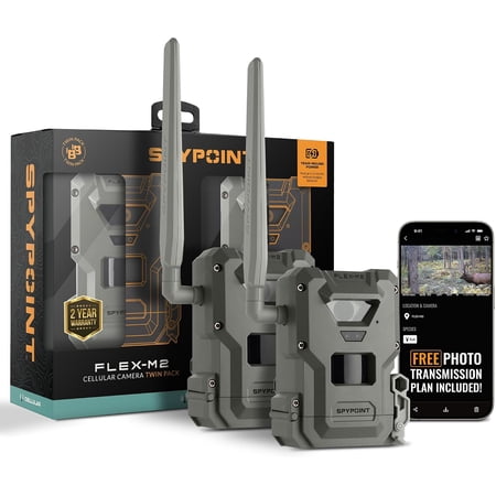 Spypoint FLEX-M2 Trail Camera with 32MP 1080p Video Resolution Dual SIM 12-months of Continuous Operating Capacity and 90ft Detection Range (2-Pack)