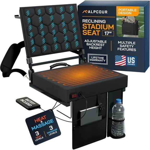 Heated Massage Reclining Stadium Seat with Back Support for Bleachers 3 Heat & 3 Massage Levels Portable Outdoor Chair with Power Bank PocketsCup Holder for Sports Camping Beach