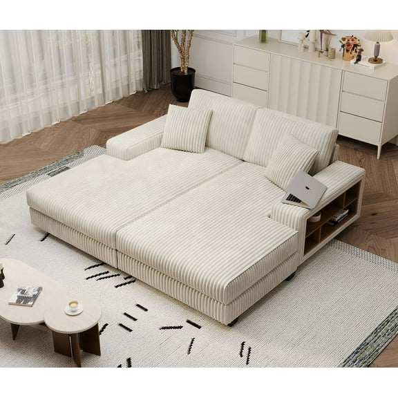 Modern Oversized Double Chaise Lounge Chair Indoor,Corduroy Loveseat Sleeper Sofa Bed with 2 Pillows and Side Cabinet,2 Seater Deep Seat Lounge Sofa for Living Room,Office,Apartment,Green