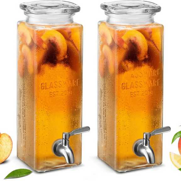 Drink Dispenser, with Leak-Proof Stainless Steel Spigot, Clear Rectangular Mason Jar, Beverage Storage for Fridge, for Water, Iced Tea, Sangria, Lemonade,