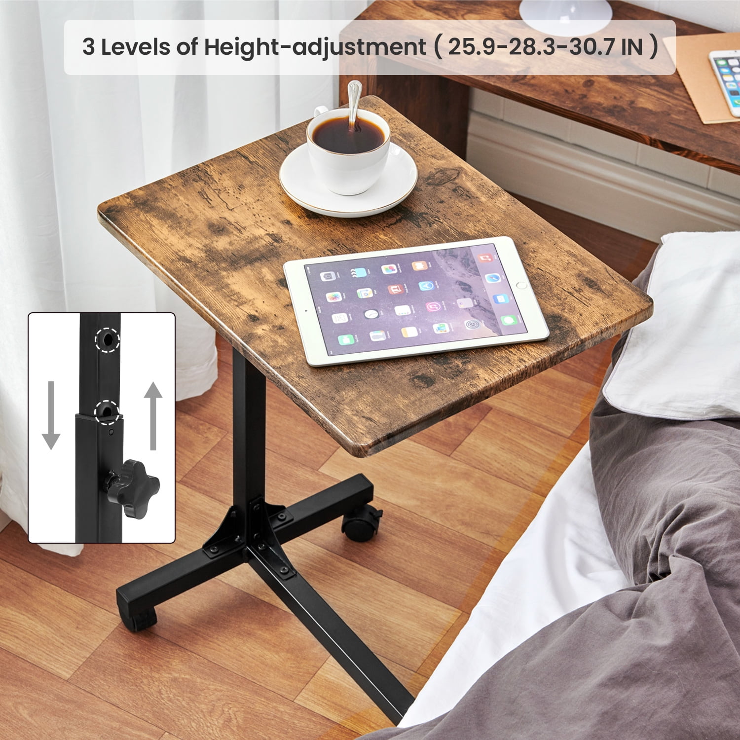 Kepooman Portable Laptop Desk with Casters, Rolling Computer Stand with Adjustable Height, Sturdy and Ergonomic, Brown & Black Kepooman Portable Laptop Desk with Casters, Rolling Computer Stand with Adjustable Height, Sturdy and Ergonomic, Brown & Black