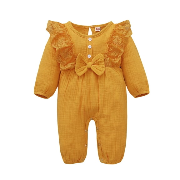 Mikrdoo Baby Girls Romper 12 Months Baby Girls Jumpsuit 18 Months Baby Girls Long Sleeve Solid Color Bow Round Neck Romper,Yellow